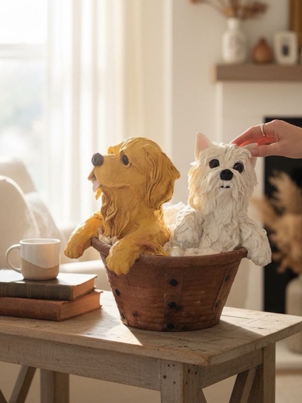 papier-mâché dogs in a papier-mâché basket artist signed. Purchased in a Gallery